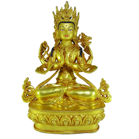 Statue of Chenrezig Full Fire Gold Plated and Painted Face